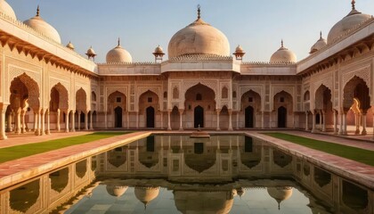 Fototapeta premium A symmetrical view of a historic white building with domes, reflecting in a pool of water.
