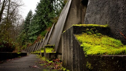 Lush green moss covering concrete steps surrounded by trees in natural setting
