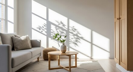 Fototapeta premium Sunlight streaming through window casting shadows on a cozy living room