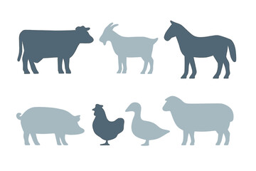 Domestic farm animal silhouettes set featuring cow goat horse pig chicken goose and sheep