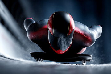 A luge athlete preparing to launch at the top of the track, wearing a sleek aerodynamic suit and helmet.