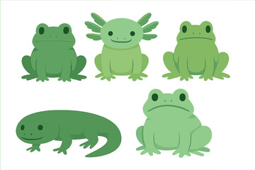 Obraz premium Cute green amphibian set with frogs, smiling axolotl, and salamander characters