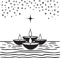Fototapeta premium Festive oil lamps floating on water with stars in night sky, black and white vector for celebration theme