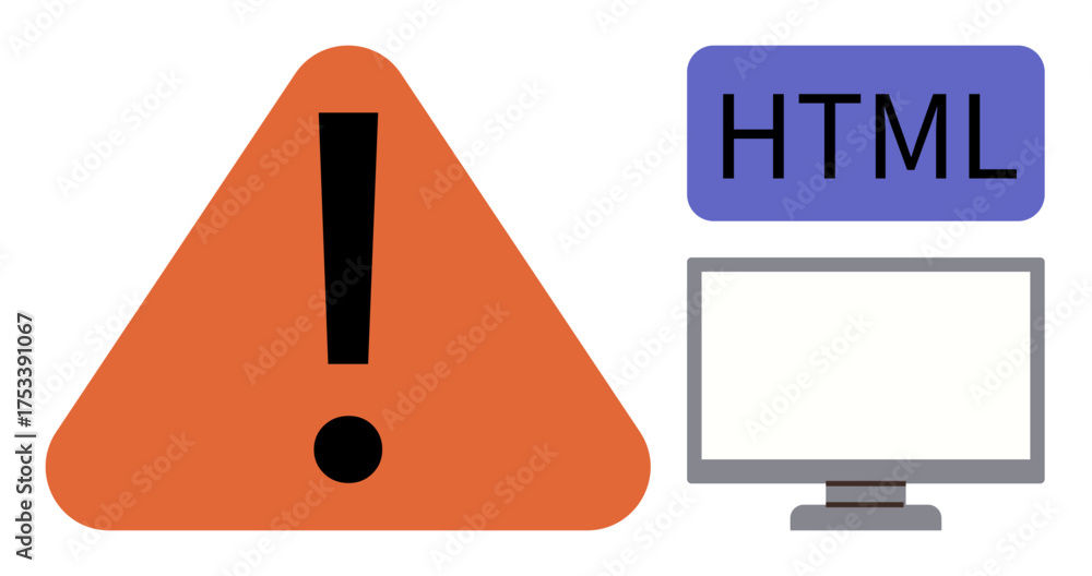 Wall mural orange warning sign with exclamation, html label in a blue box, and desktop monitor. ideal for error