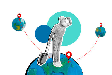 Composite collage picture image of funny mature man traveling planet international...