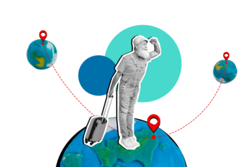 Composite collage picture image of funny mature man traveling planet international navigation bizarre unusual fantasy billboard comics