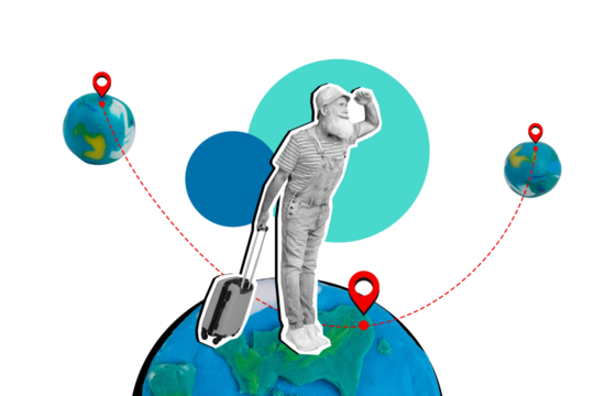 Composite collage picture image of funny mature man traveling planet international navigation bizarre unusual fantasy billboard comics