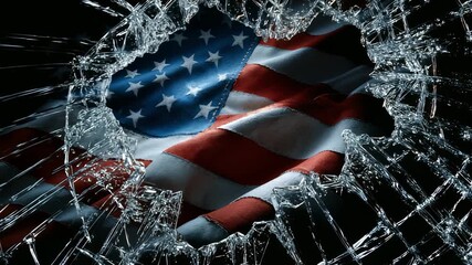Conceptual political footage of the American flag seen through shattered glass, symbolizing a nation in crisis and division.
