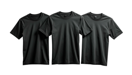 Three identical dark-colored t-shirts displayed against a stark black background