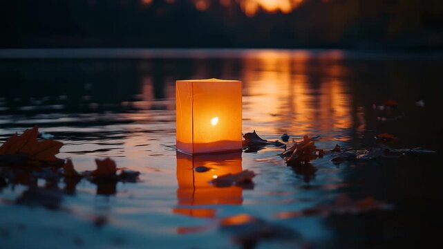 Peaceful autumn video footage of a glowing paper lantern with a candle floating on calm water at sunset.