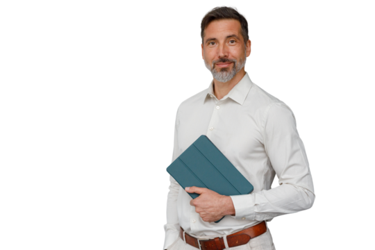 Confident man holding a digital tablet with a smile, portraying professionalism and connectivity, transparent background - Powered by Adobe