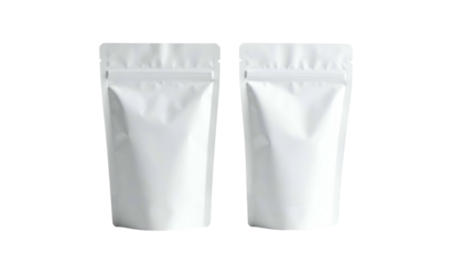 Two blank white stand-up pouches isolated against black. Zippers are visible at the top