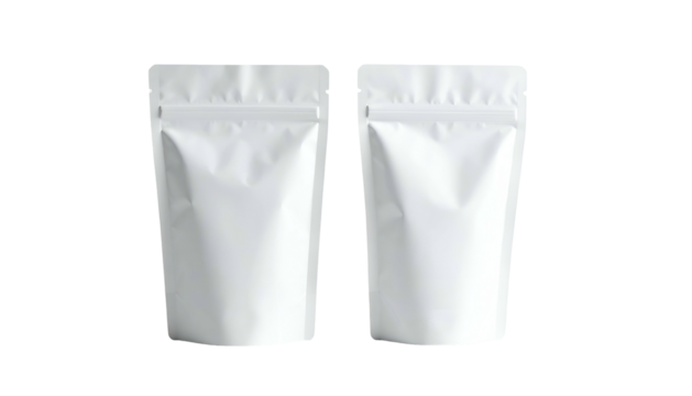 Two blank white stand-up pouches isolated against black. Zippers are visible at the top