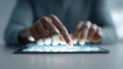 Close up of businessman hands interacting with a futuristic digital tablet, touching the holographic interface, generating a network of connections - Powered by Adobe