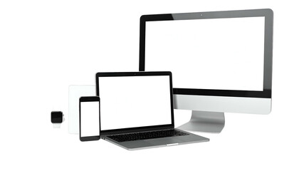 A collection of modern electronics with blank screens against a black background