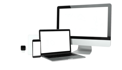 A collection of modern electronics with blank screens against a black background