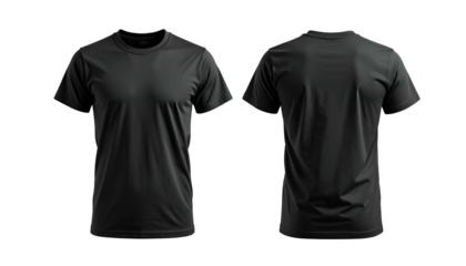 A front and back view of a plain black crew neck t-shirt against a black background