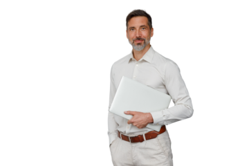 Confident businessman holding laptop, smiling, standing, looking at camera, transparent background, male professional