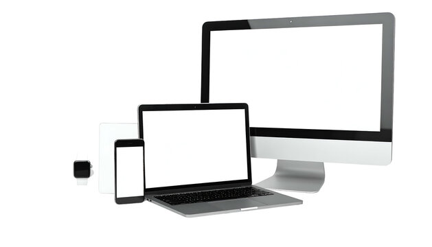 A collection of modern electronics with blank screens against a black background