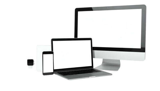 A collection of modern electronics with blank screens against a black background