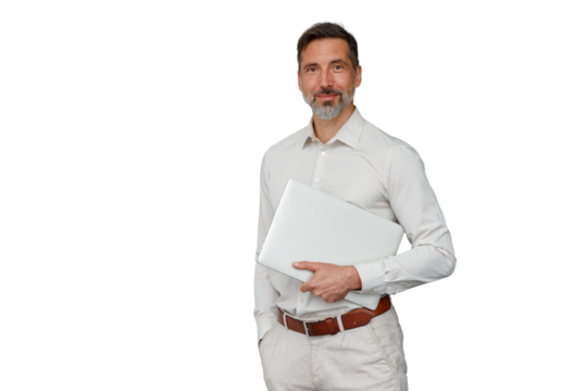 Confident businessman holding laptop, smiling, standing, looking at camera, transparent background, male professional