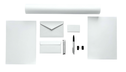 A pristine, organized collection of blank stationery elements paper, envelopes, and a pen