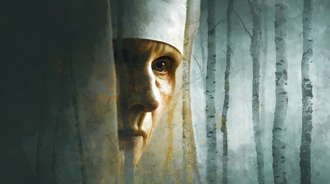 Gothic-style Slavic nun captured in dim ambience, evoking themes of devotion, solitude, and eerie grace.