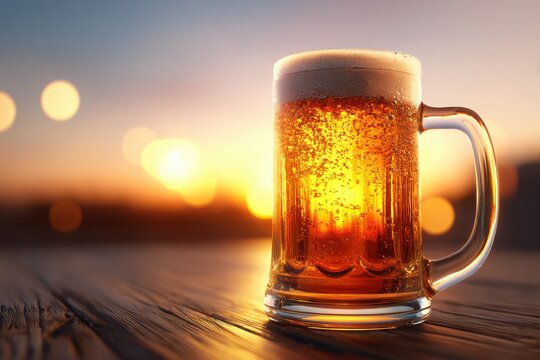 Cold beer mug with foam and bubbles glows at sunset. - Powered by Adobe