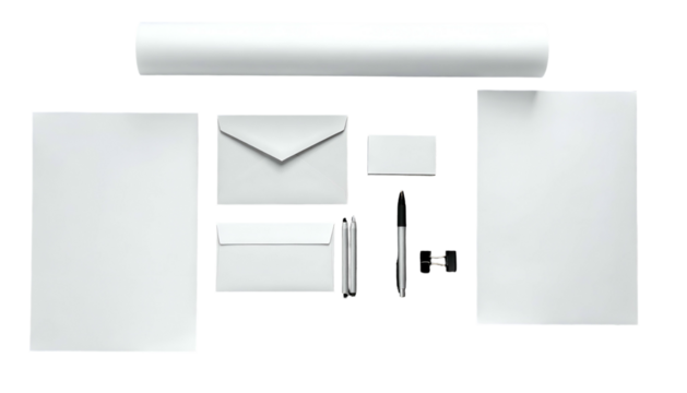 A pristine, organized collection of blank stationery elements paper, envelopes, and a pen