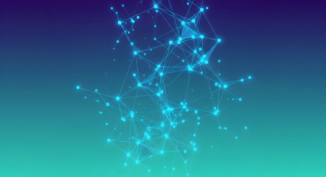 Abstract technology background with glowing connected dots and lines. A digital network or plexus structure on a blue green gradient representing data and communication.