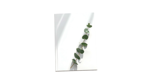 Minimalist composition with eucalyptus sprig on a clean white surface, casting shadows