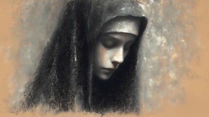 Gothic-style Slavic nun captured in dim ambience, evoking themes of devotion, solitude, and eerie grace.
