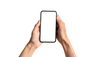 Close-up of hands holding a blank screen smartphone against a black background
