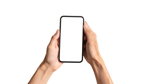 Close-up of hands holding a blank screen smartphone against a black background