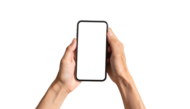 Close-up of hands holding a blank screen smartphone against a black background
