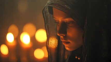 Gothic-style Slavic nun captured in dim ambience, evoking themes of devotion, solitude, and eerie grace.