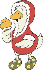 Duck Enjoying Ice Cream: An adorable cartoon duck, clad in a cozy hooded coat and whimsical boots, beams with delight as it holds a delectable ice cream cone