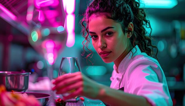 Young chef in vibrant neon kitchen holds glass with focused look
