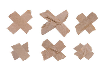 Set Old brown masking Kraft Paper Tape materials set used in form of X wrong cross and overlapping for graphic design banner retro vintage style isolated on transparent background or png file.