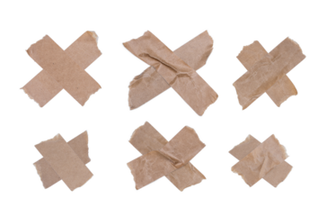 Set Old brown masking Kraft Paper Tape materials set used in form of X wrong cross and overlapping for graphic design banner retro vintage style isolated on transparent background or png file.