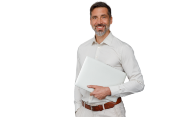 Smiling businessman holding laptop, looking at camera, standing with transparent background