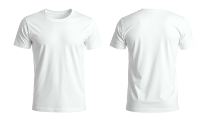 Front and back views of a plain white crew-neck t-shirt isolated on a transparent background