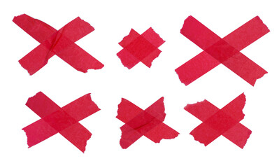 old Red masking crepe paper tape materials set used in form of X wrong cross and overlapping for graphic design banner retro vintage style isolated on transparent background or png file.