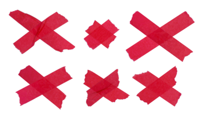 old Red masking crepe paper tape materials set used in form of X wrong cross and overlapping for graphic design banner retro vintage style isolated on transparent background or png file.