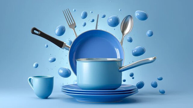 Dynamic arrangement of blue kitchenware including pots, plates, and utensils, captured in a vibrant splash of water droplets, showcasing the playful interaction of objects, camera pans and zooms in