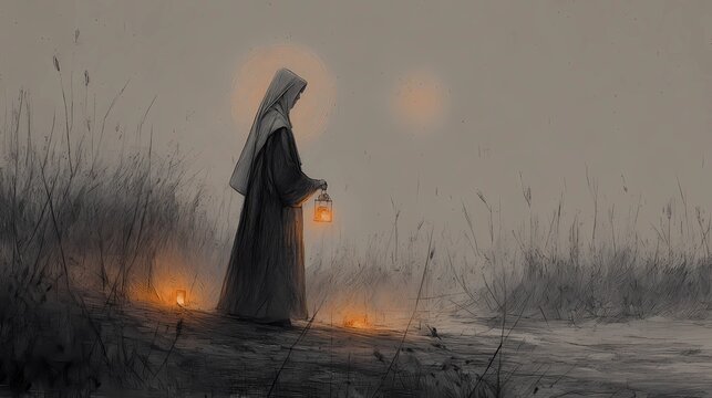 Somber portrait of eerie nun inspired by Slavic mysticism, merging spirituality with dark, gothic undertones.