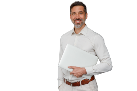 Smiling businessman holding laptop, looking at camera, standing with transparent background