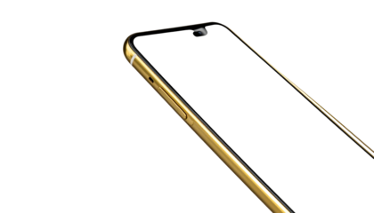 Close-up of a gold smartphone with a black screen, on a black background