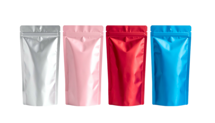 Four colorful, metallic pouch bags standing in a row against a black background