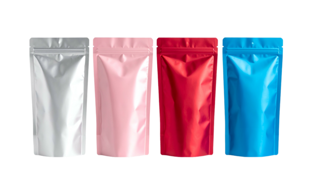 Four colorful, metallic pouch bags standing in a row against a black background